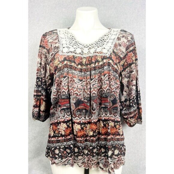 Unity World Wear Boho Top Womens XL Beige Crochet Neckline Flowy Cottagecore - Picture 3 of 15